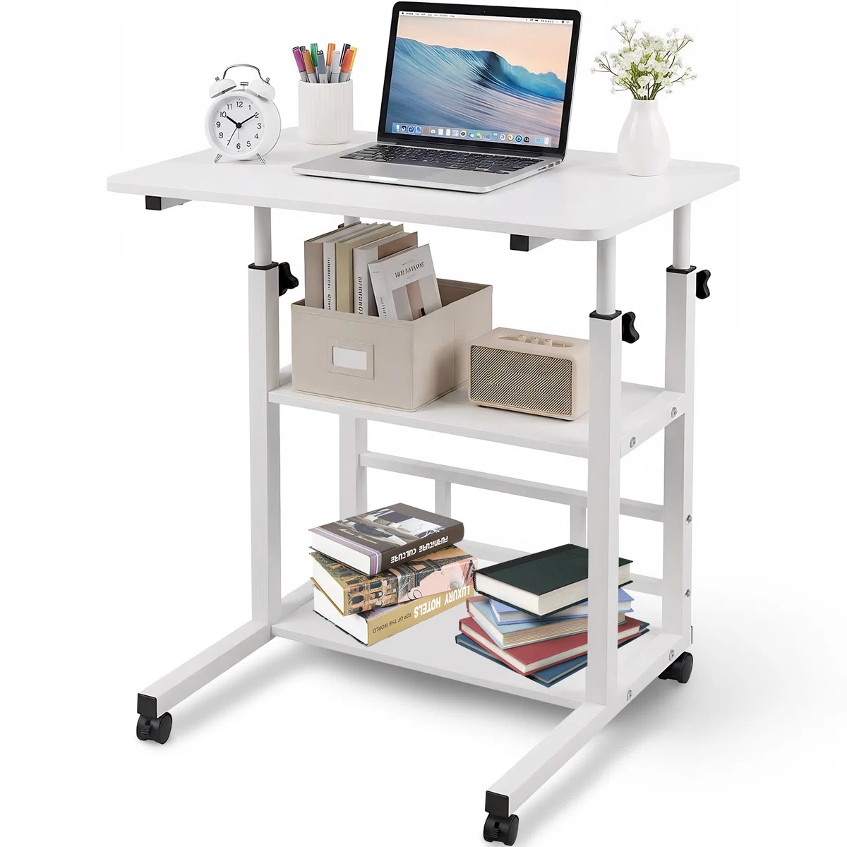 Height Adjustable C Shape Laptop Table with 2 Shelves - Image 2