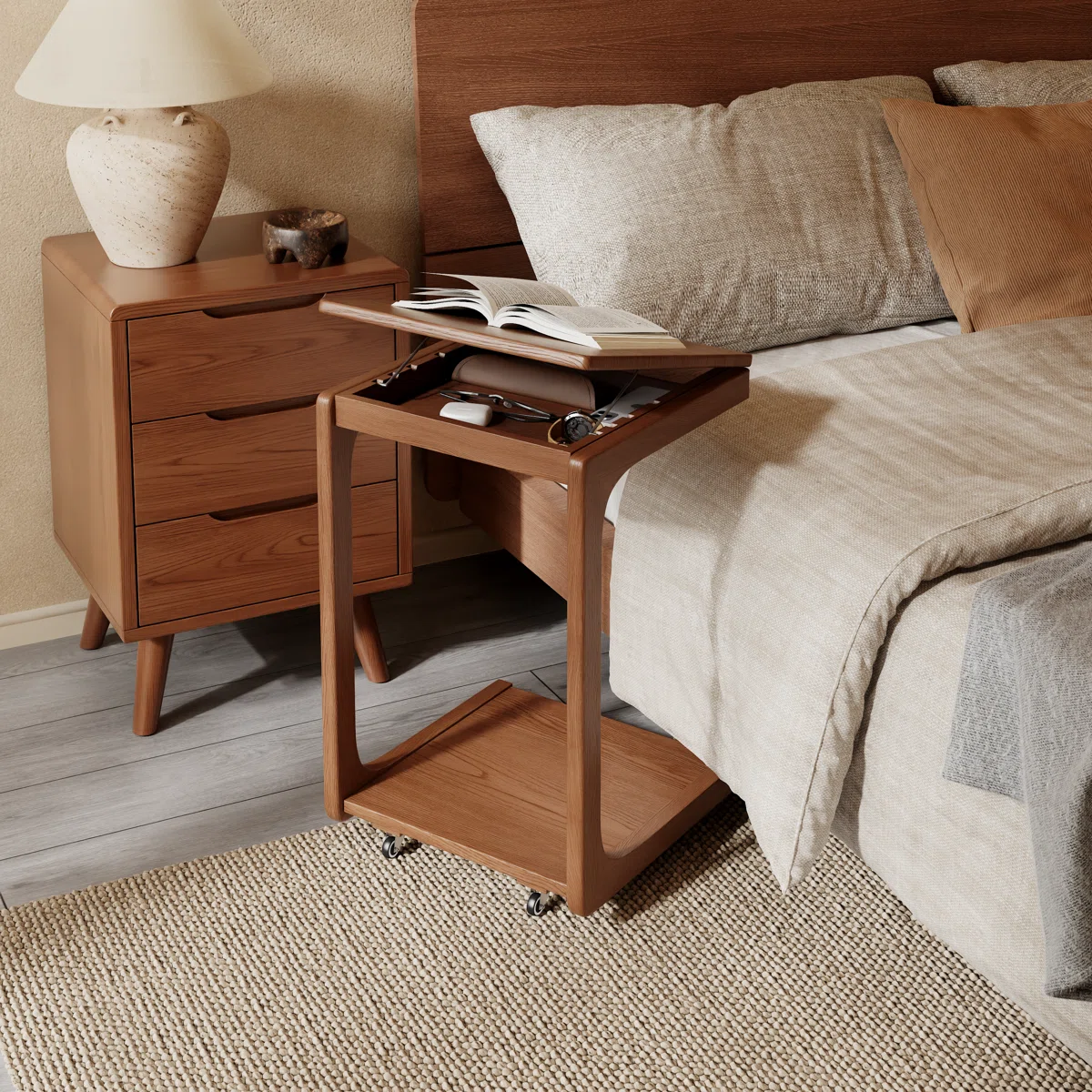 Solid Wood C-Table End Table, Flip Top Hidden Storage Rolling Side Table with Wheels for Living Room Bedroom - Image 2