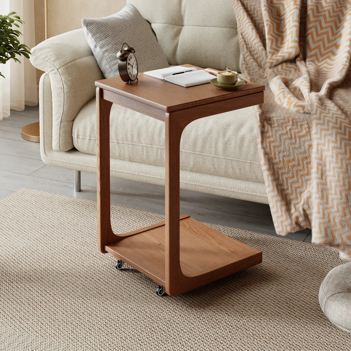 Solid Wood C-Table End Table, Flip Top Hidden Storage Rolling Side Table with Wheels for Living Room Bedroom - Image 3