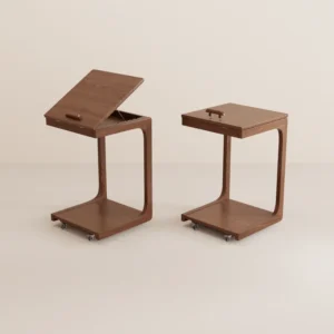 Solid Wood C-Table End Table, Flip Top Hidden Storage Rolling Side Table with Wheels for Living Room Bedroom