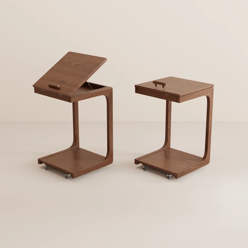 Solid Wood C-Table End Table, Flip Top Hidden Storage Rolling Side Table with Wheels for Living Room Bedroom